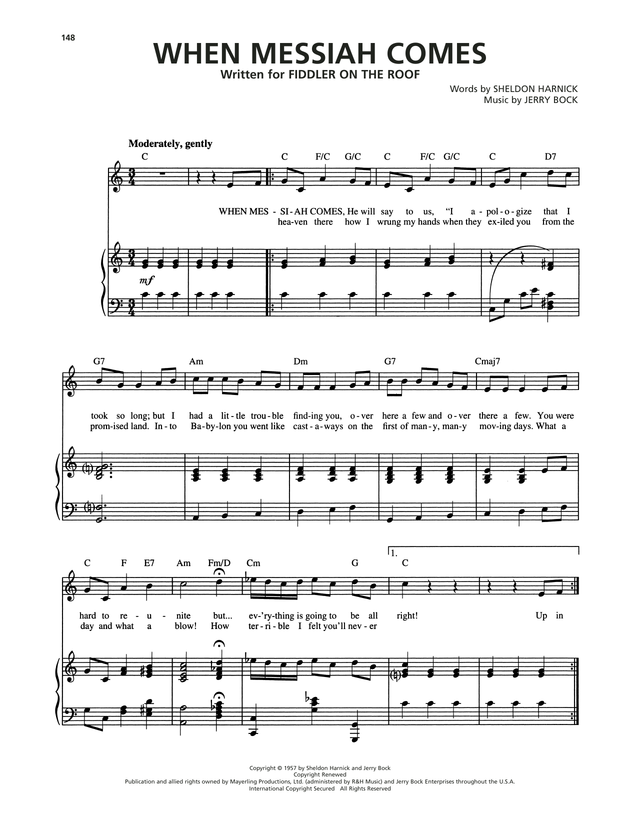 Jerry Bock When Messiah Comes (from Fiddler On The Roof) sheet music notes and chords arranged for Piano, Vocal & Guitar Chords (Right-Hand Melody)