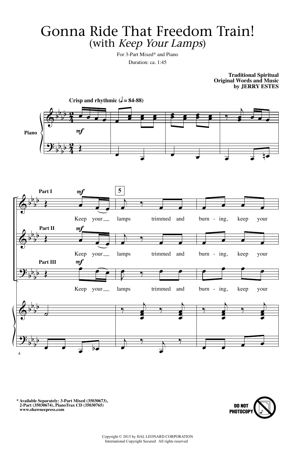 Jerry Estes Gonna Ride That Freedom Train! (With Keep Your Lamps) sheet music notes and chords arranged for 3-Part Mixed Choir