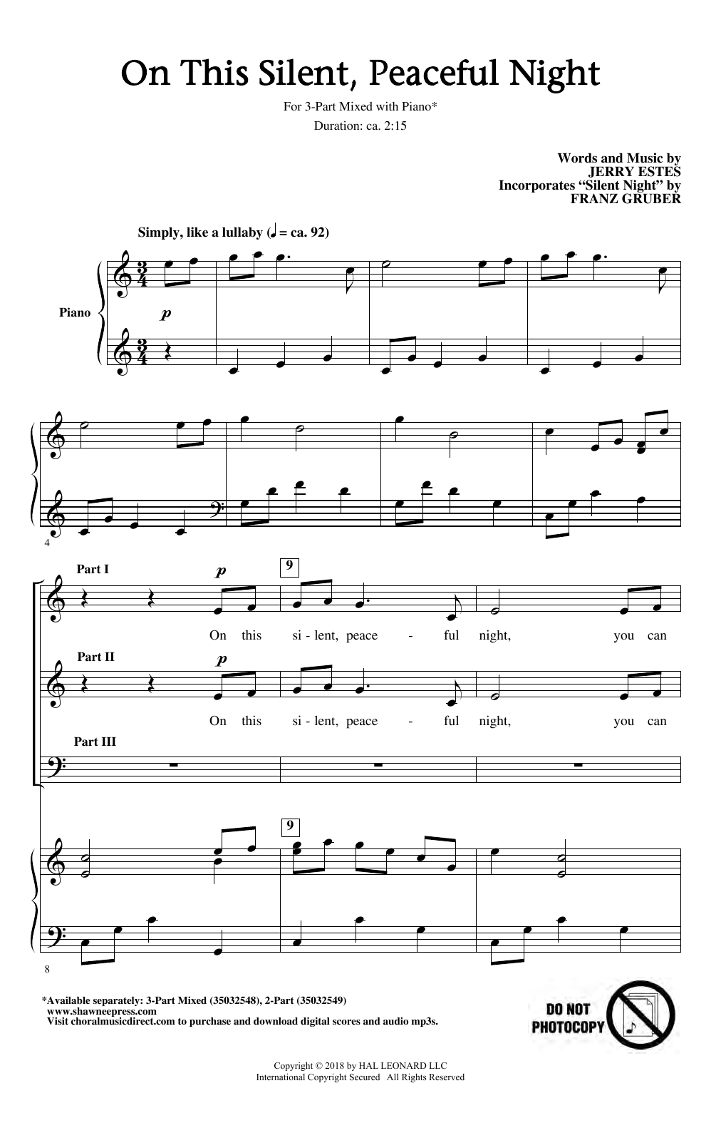 Jerry Estes On This Silent, Peaceful Night sheet music notes and chords arranged for 3-Part Mixed Choir