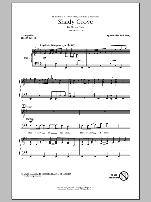 Jerry Estes Shady Grove sheet music notes and chords arranged for TB Choir