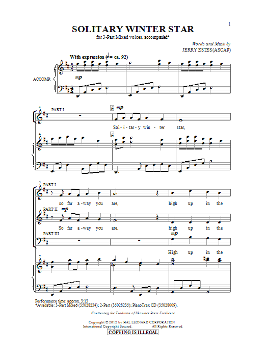 Jerry Estes Solitary Winter Star sheet music notes and chords arranged for 3-Part Mixed Choir