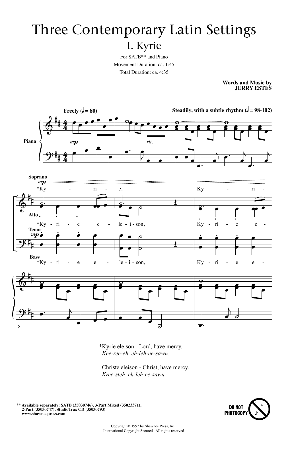 Jerry Estes Three Contemporary Latin Settings sheet music notes and chords arranged for SATB Choir