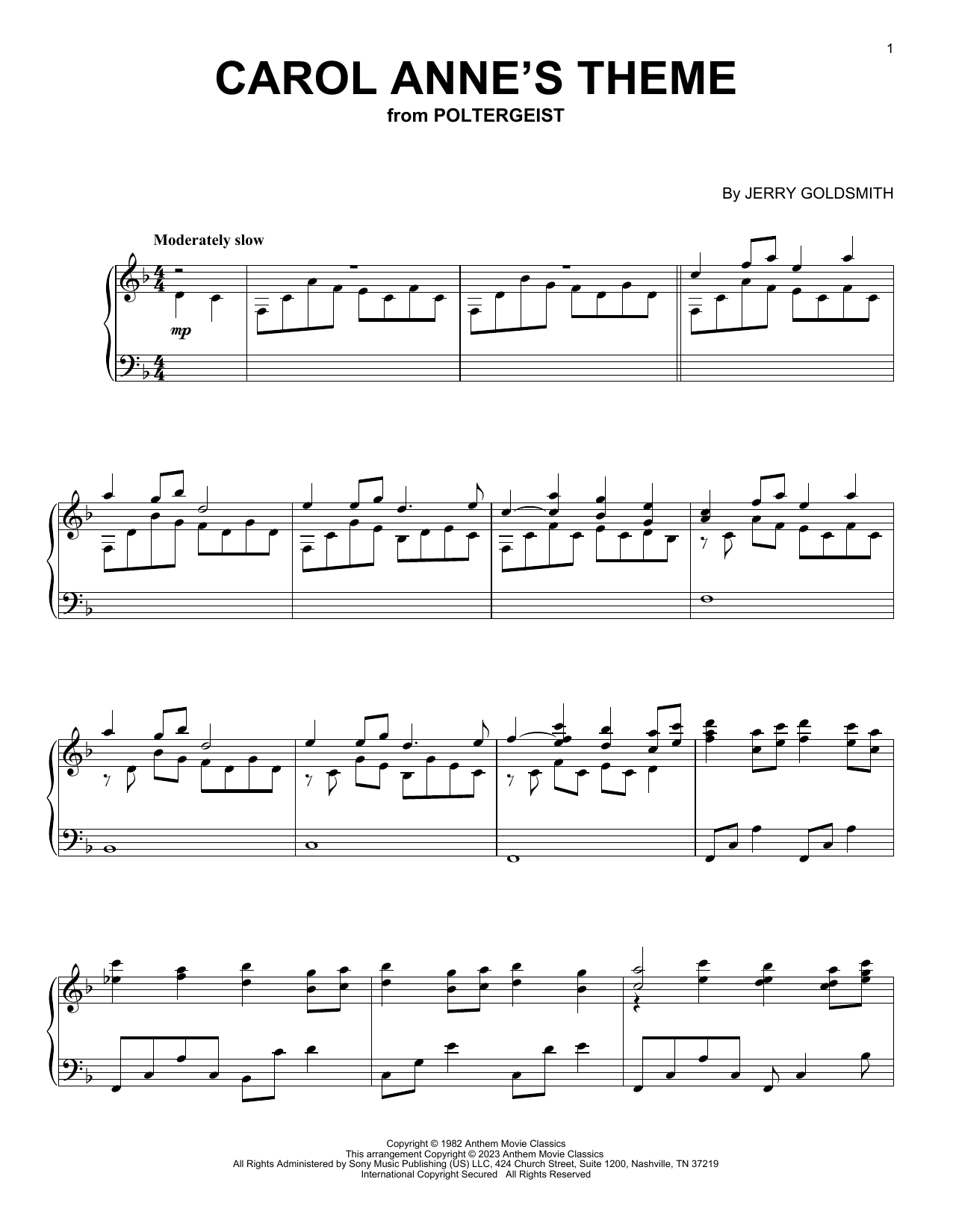 Jerry Goldsmith Carol Anne's Theme (from Poltergeist) sheet music notes and chords arranged for Piano Solo