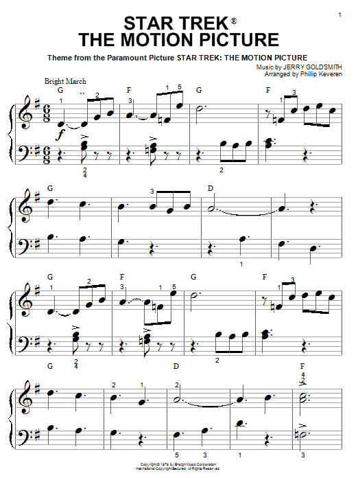Jerry Goldsmith Star Trek The Motion Picture (arr. Phillip Keveren) sheet music notes and chords arranged for Big Note Piano