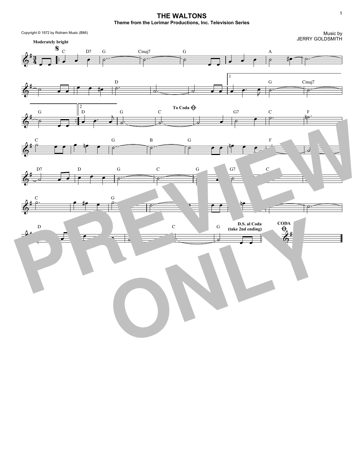 Jerry Goldsmith The Waltons sheet music notes and chords arranged for Lead Sheet / Fake Book