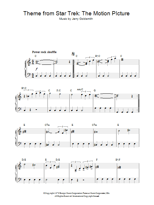 Jerry Goldsmith Theme from Star Trek: The Motion Picture sheet music notes and chords arranged for Piano Solo