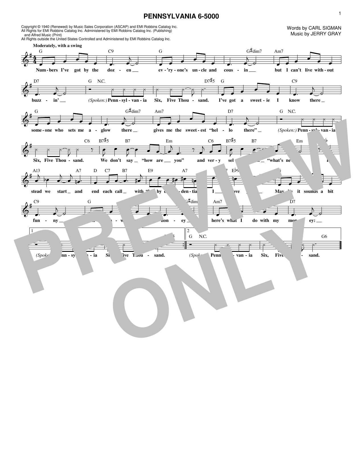 Jerry Gray Pennsylvania 6-5000 sheet music notes and chords arranged for Lead Sheet / Fake Book