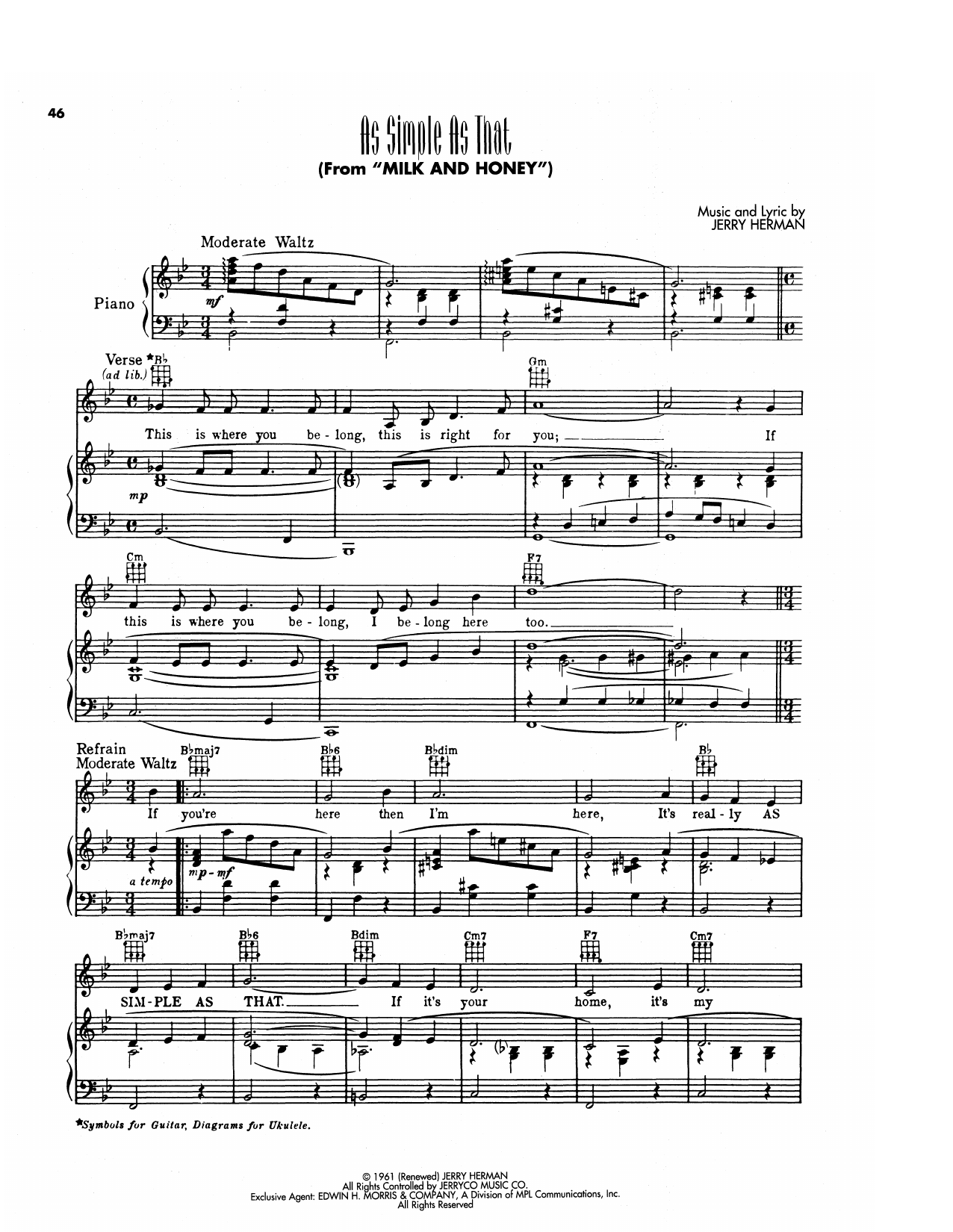 Jerry Herman As Simple As That (from Milk And Honey) sheet music notes and chords arranged for Piano, Vocal & Guitar Chords (Right-Hand Melody)