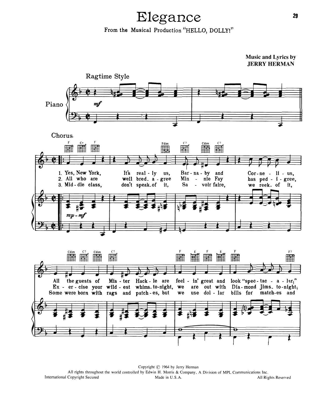 Jerry Herman Elegance (from Hello, Dolly!) sheet music notes and chords arranged for Piano, Vocal & Guitar Chords (Right-Hand Melody)