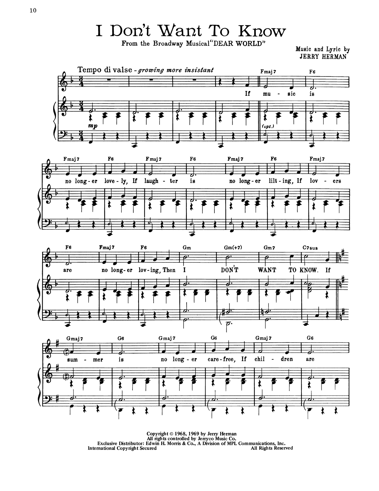 Jerry Herman I Don't Want To Know (from Dear World) sheet music notes and chords arranged for Piano, Vocal & Guitar Chords (Right-Hand Melody)