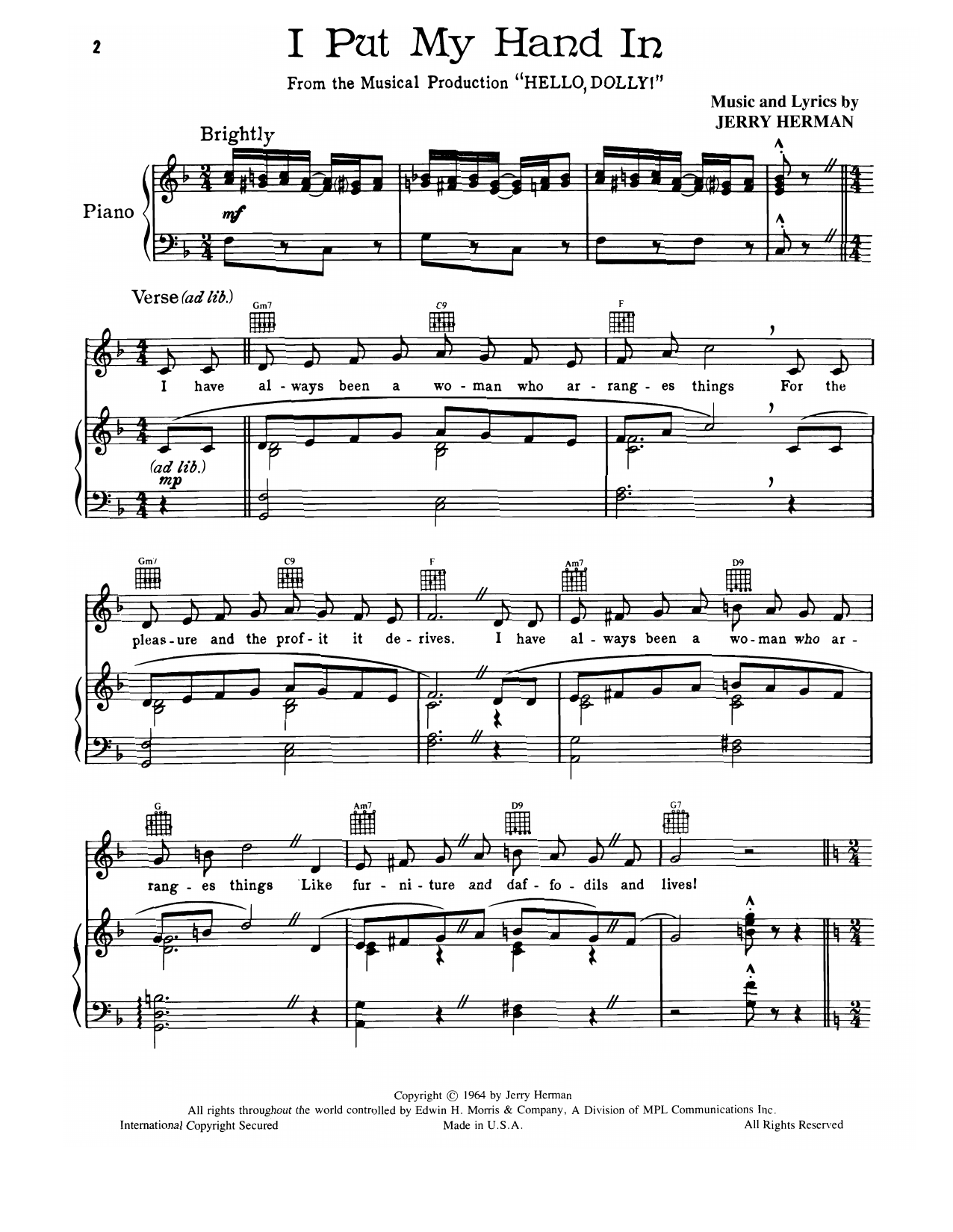 Jerry Herman I Put My Hand In (from Hello, Dolly!) sheet music notes and chords arranged for Piano, Vocal & Guitar Chords (Right-Hand Melody)