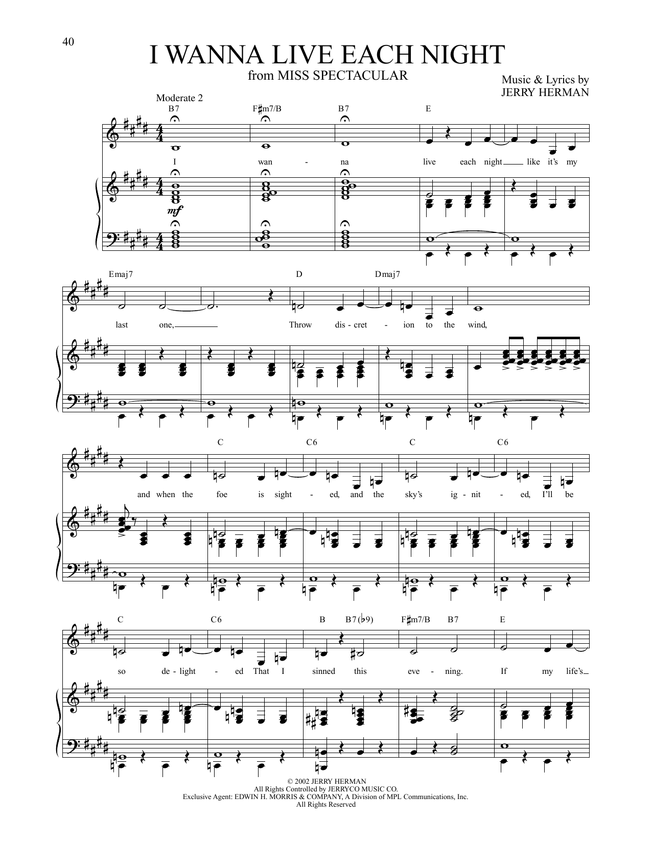 Jerry Herman I Wanna Live Each Night (from Miss Spectacular) sheet music notes and chords arranged for Piano & Vocal