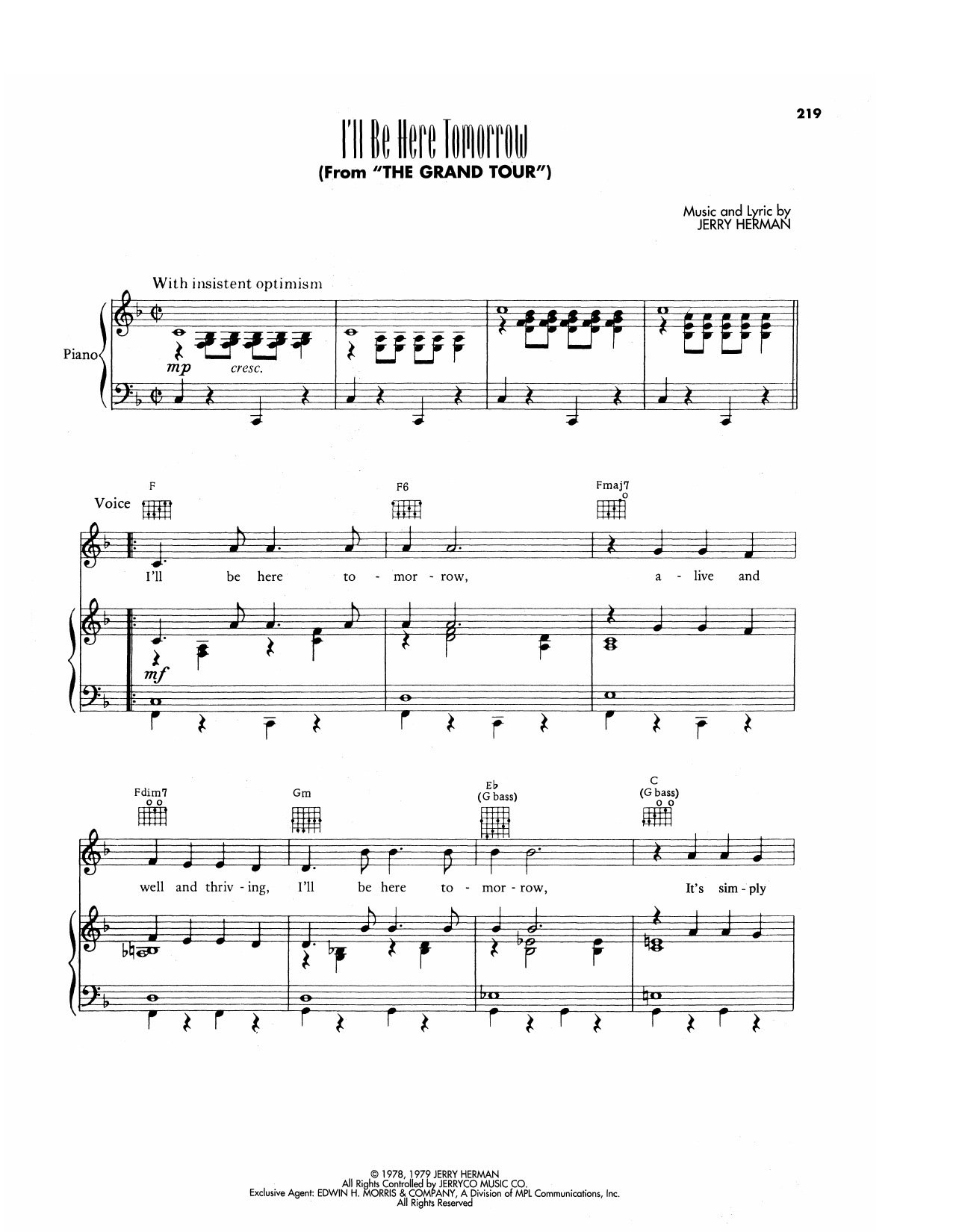 Jerry Herman I'll Be Here Tomorrow (from The Grand Tour) sheet music notes and chords arranged for Piano, Vocal & Guitar Chords (Right-Hand Melody)