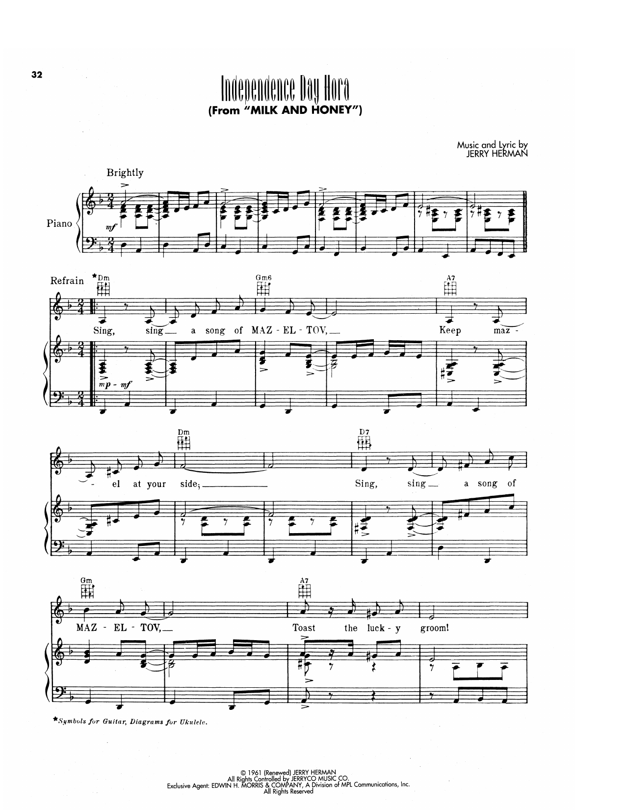 Jerry Herman Independence Day Hora (from Milk And Honey) sheet music notes and chords arranged for Piano, Vocal & Guitar Chords (Right-Hand Melody)