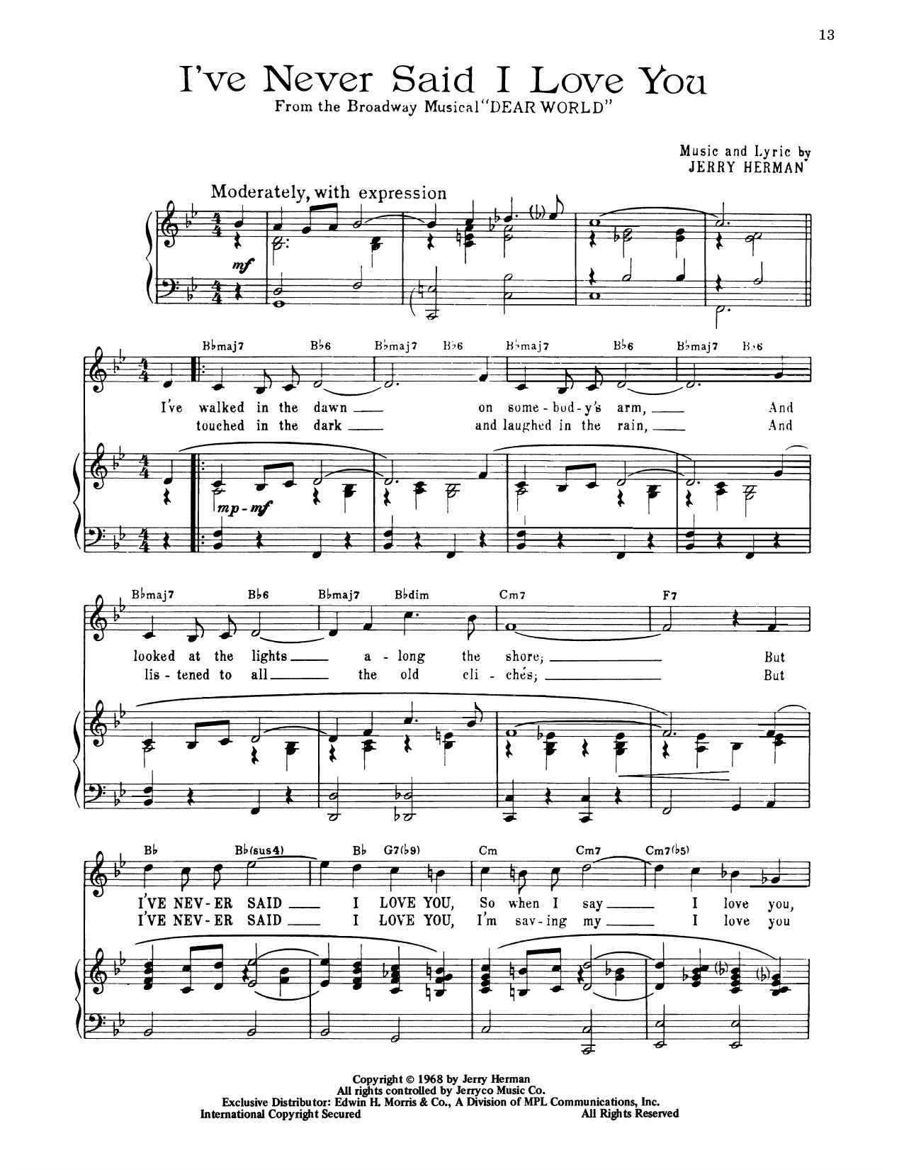 Jerry Herman I've Never Said I Love You (from Dear World) sheet music notes and chords arranged for Piano, Vocal & Guitar Chords (Right-Hand Melody)