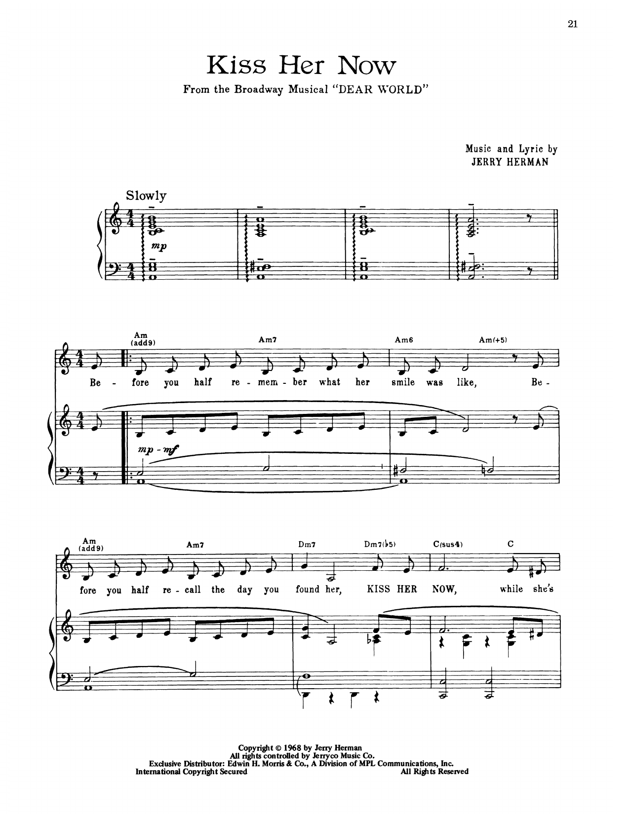 Jerry Herman Kiss Her Now (from Dear World) sheet music notes and chords arranged for Piano, Vocal & Guitar Chords (Right-Hand Melody)