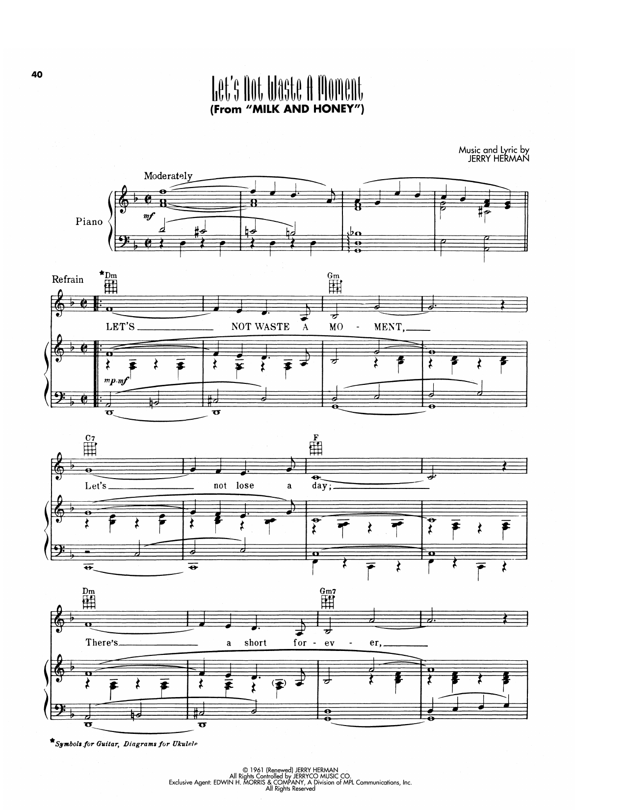 Jerry Herman Let's Not Waste A Moment (from Milk And Honey) sheet music notes and chords arranged for Piano, Vocal & Guitar Chords (Right-Hand Melody)