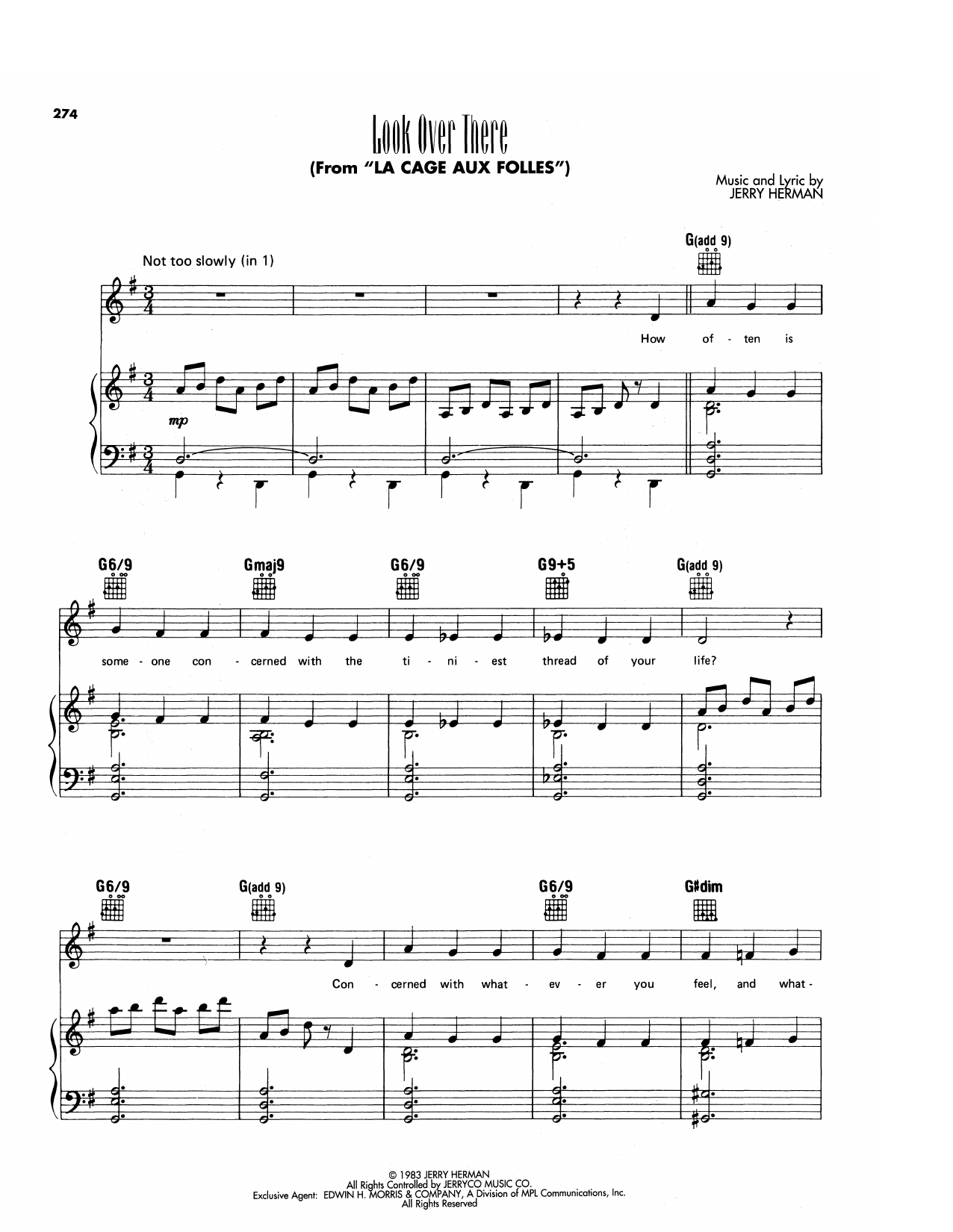 Jerry Herman Look Over There (from La Cage Aux Folles) sheet music notes and chords arranged for Piano, Vocal & Guitar Chords (Right-Hand Melody)