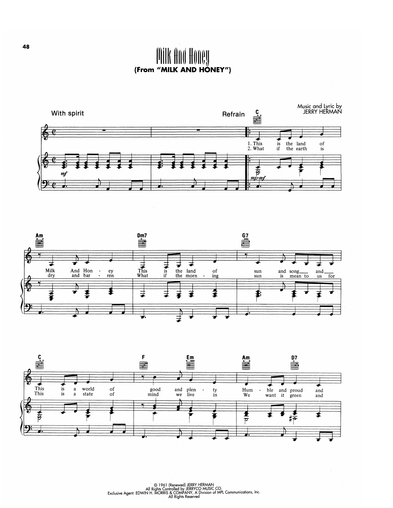 Jerry Herman Milk And Honey sheet music notes and chords arranged for Piano, Vocal & Guitar Chords (Right-Hand Melody)