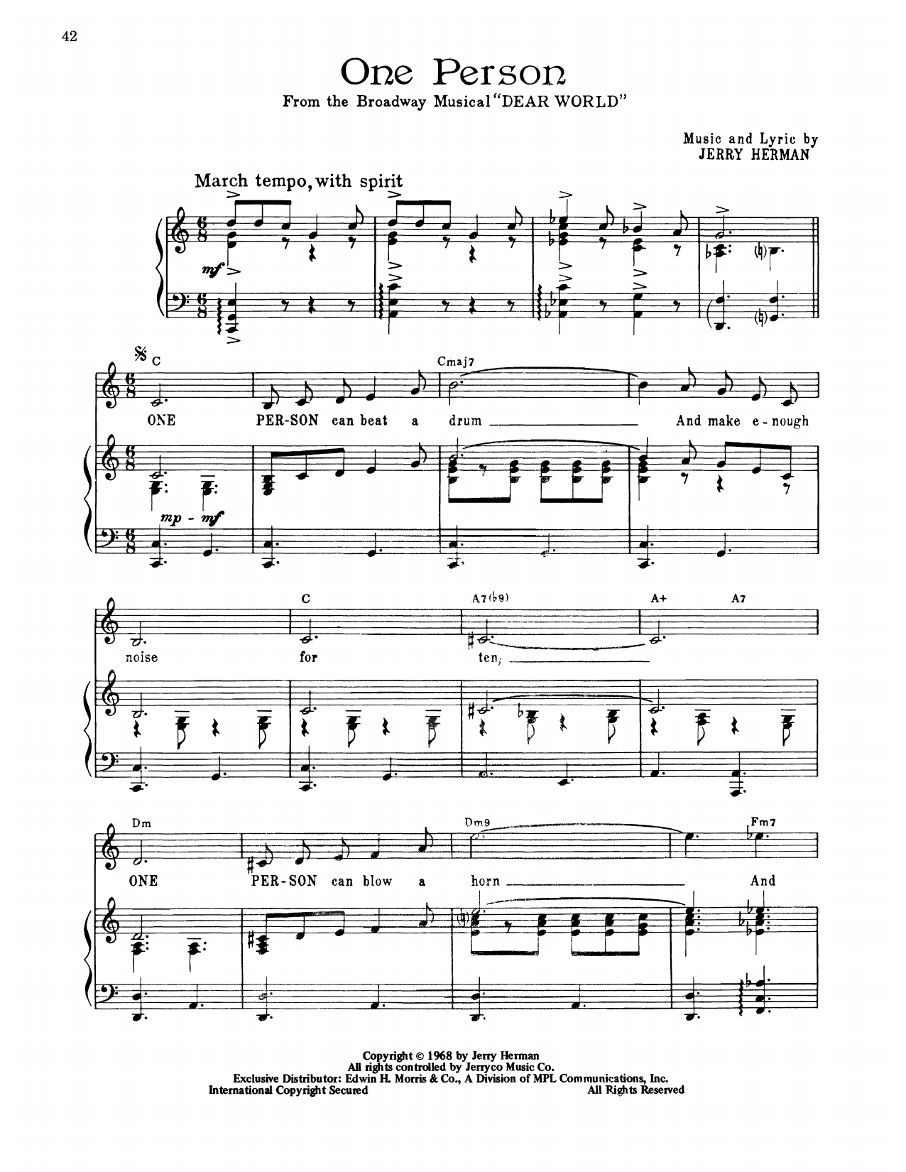 Jerry Herman One Person (from Dear World) sheet music notes and chords arranged for Piano, Vocal & Guitar Chords (Right-Hand Melody)