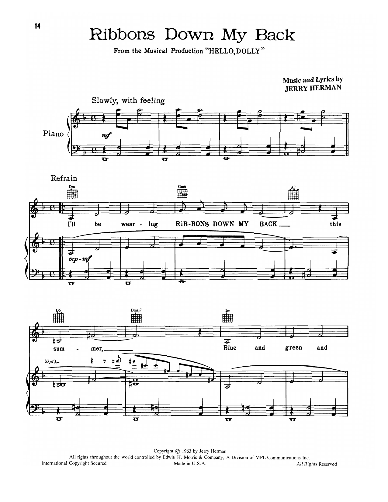 Jerry Herman Ribbons Down My Back (from Hello, Dolly!) sheet music notes and chords arranged for Piano, Vocal & Guitar Chords (Right-Hand Melody)