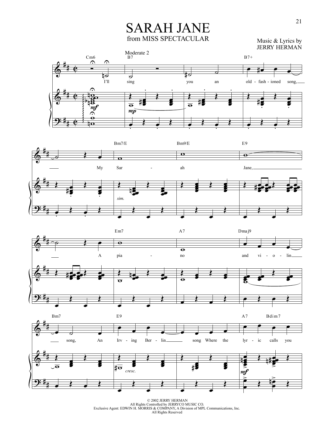 Jerry Herman Sarah Jane (from Miss Spectacular) sheet music notes and chords arranged for Piano & Vocal