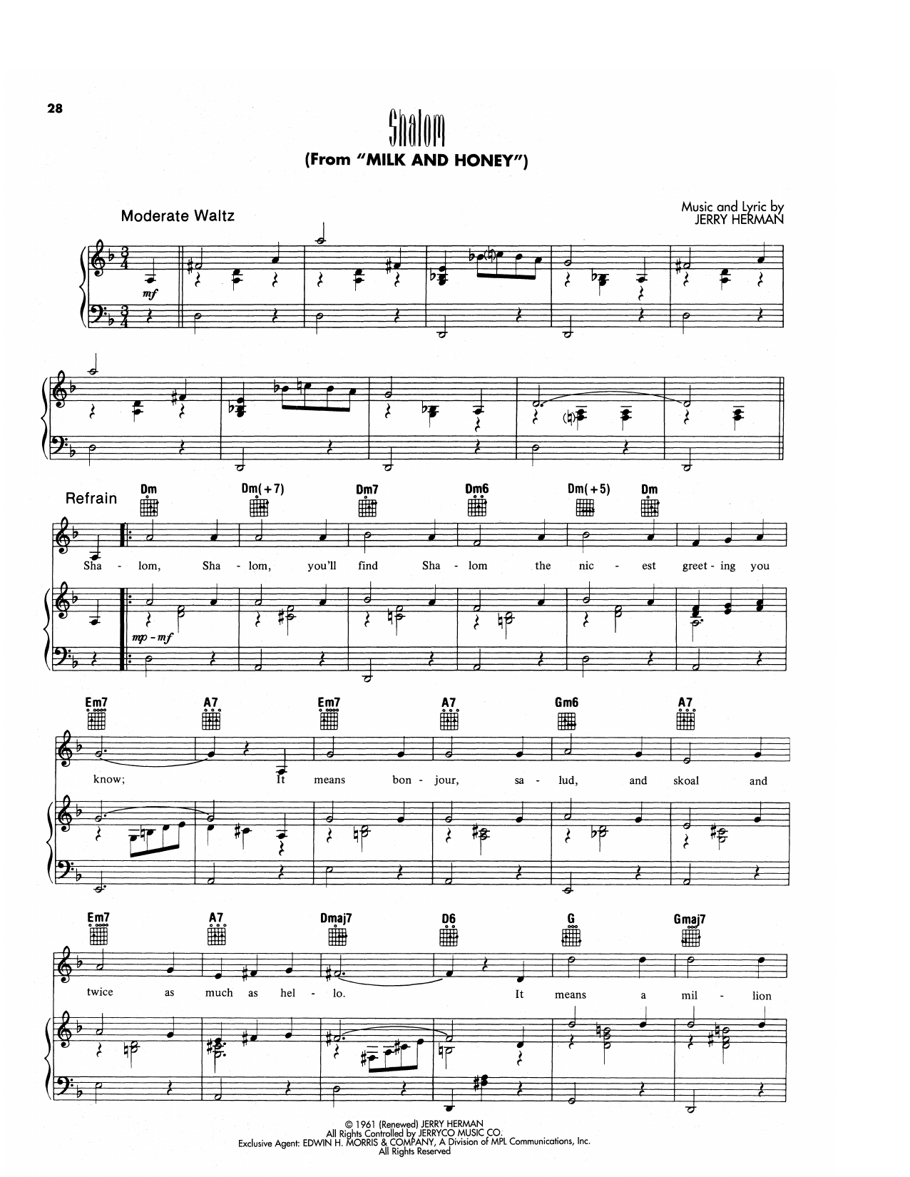 Jerry Herman Shalom (from Milk And Honey) sheet music notes and chords arranged for Piano, Vocal & Guitar Chords (Right-Hand Melody)