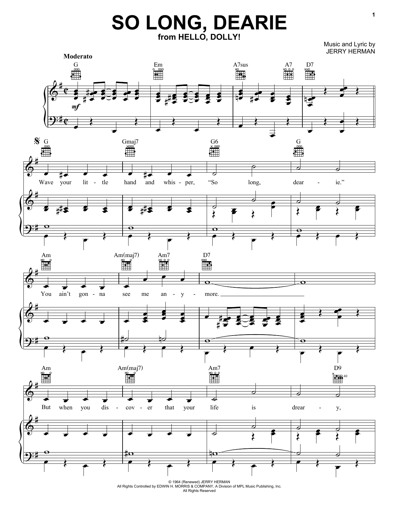 Jerry Herman So Long, Dearie (from Hello, Dolly!) sheet music notes and chords arranged for Piano, Vocal & Guitar Chords (Right-Hand Melody)