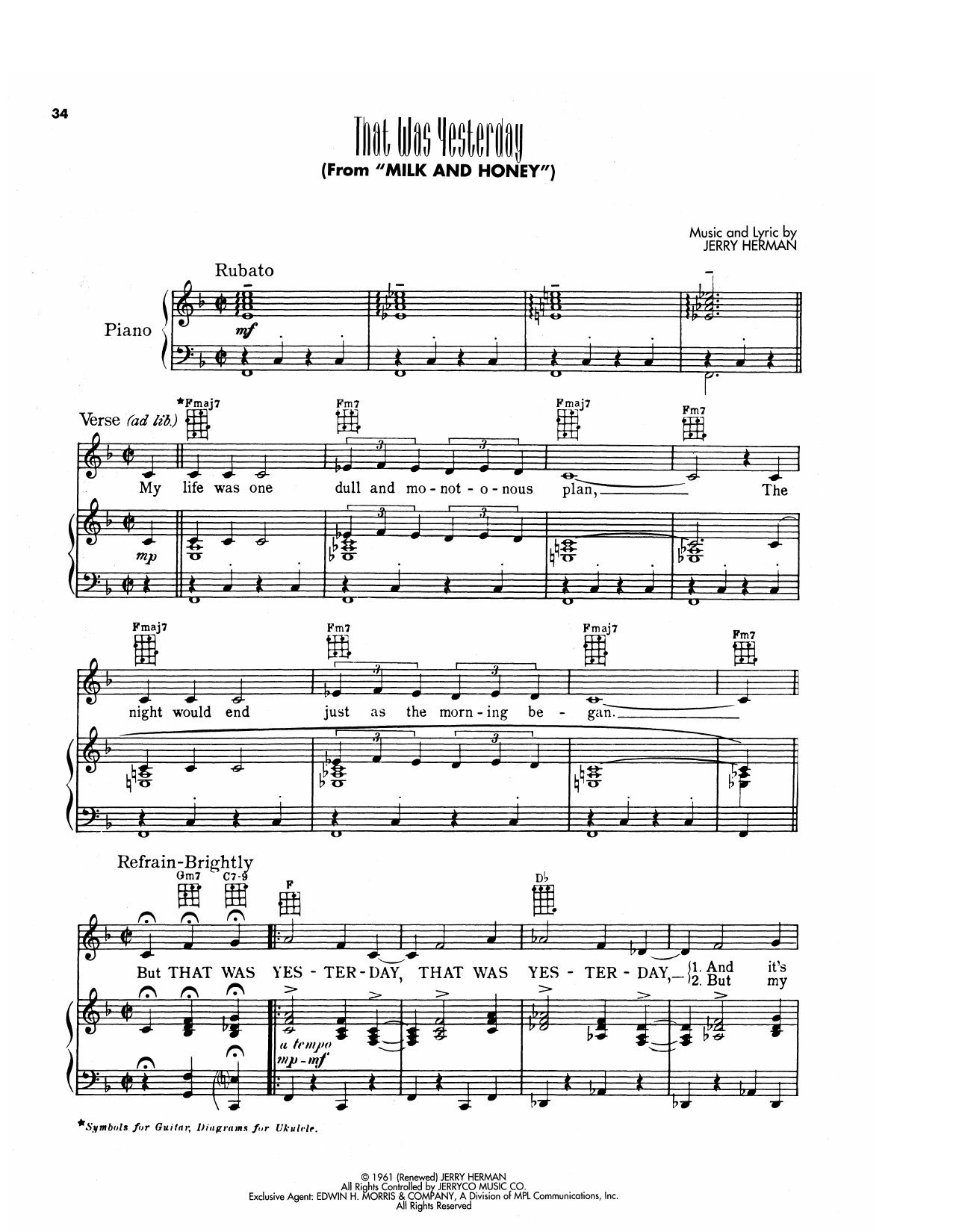 Jerry Herman That Was Yesterday (from Hello, Dolly!) sheet music notes and chords arranged for Piano, Vocal & Guitar Chords (Right-Hand Melody)