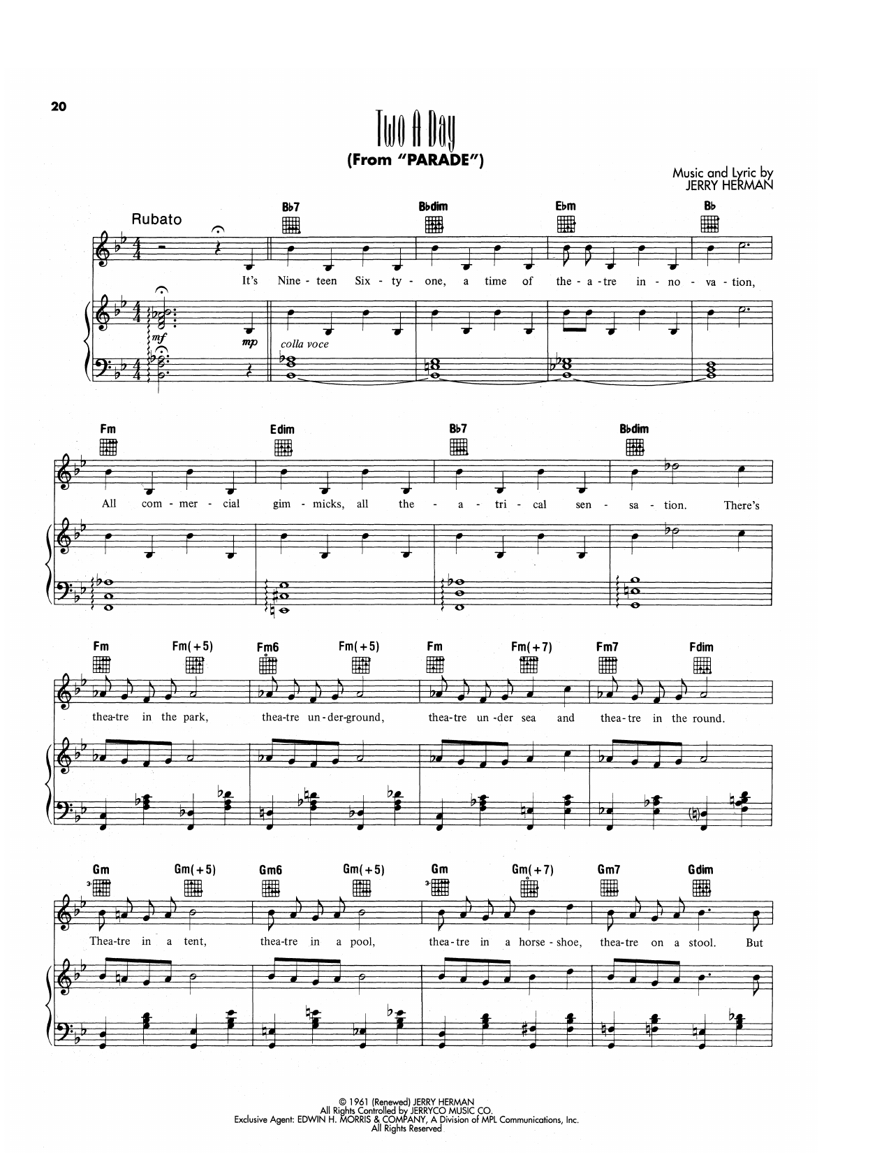 Jerry Herman Two A Day (from Parade) sheet music notes and chords arranged for Piano, Vocal & Guitar Chords (Right-Hand Melody)