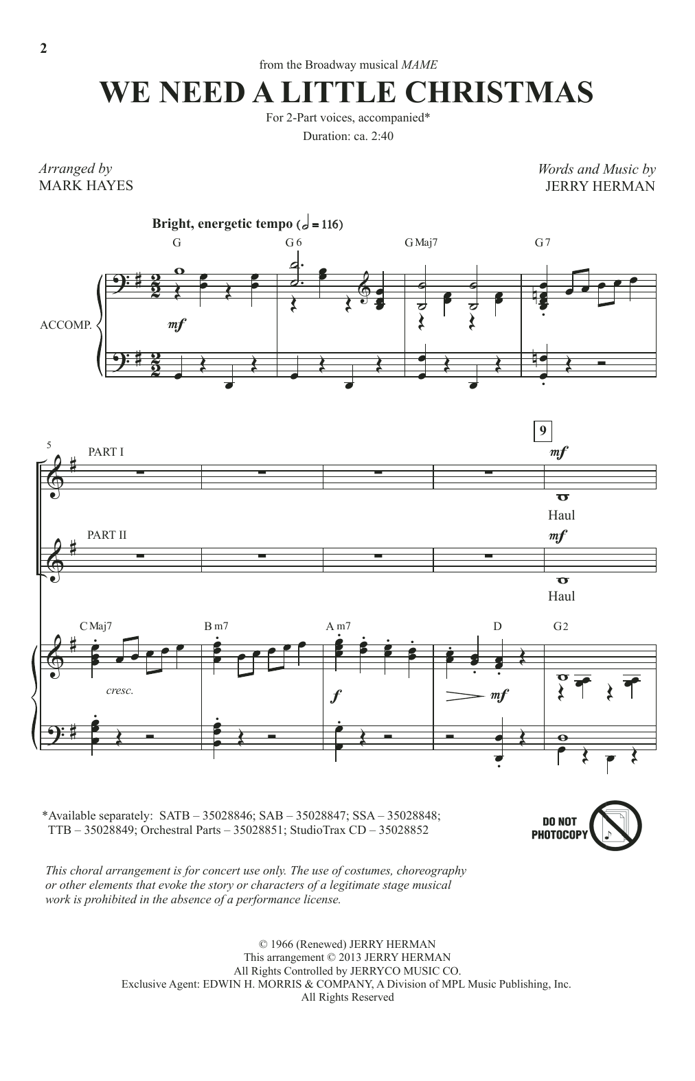 Jerry Herman We Need A Little Christmas (from Mame) (arr. Mark Hayes) sheet music notes and chords arranged for 2-Part Choir