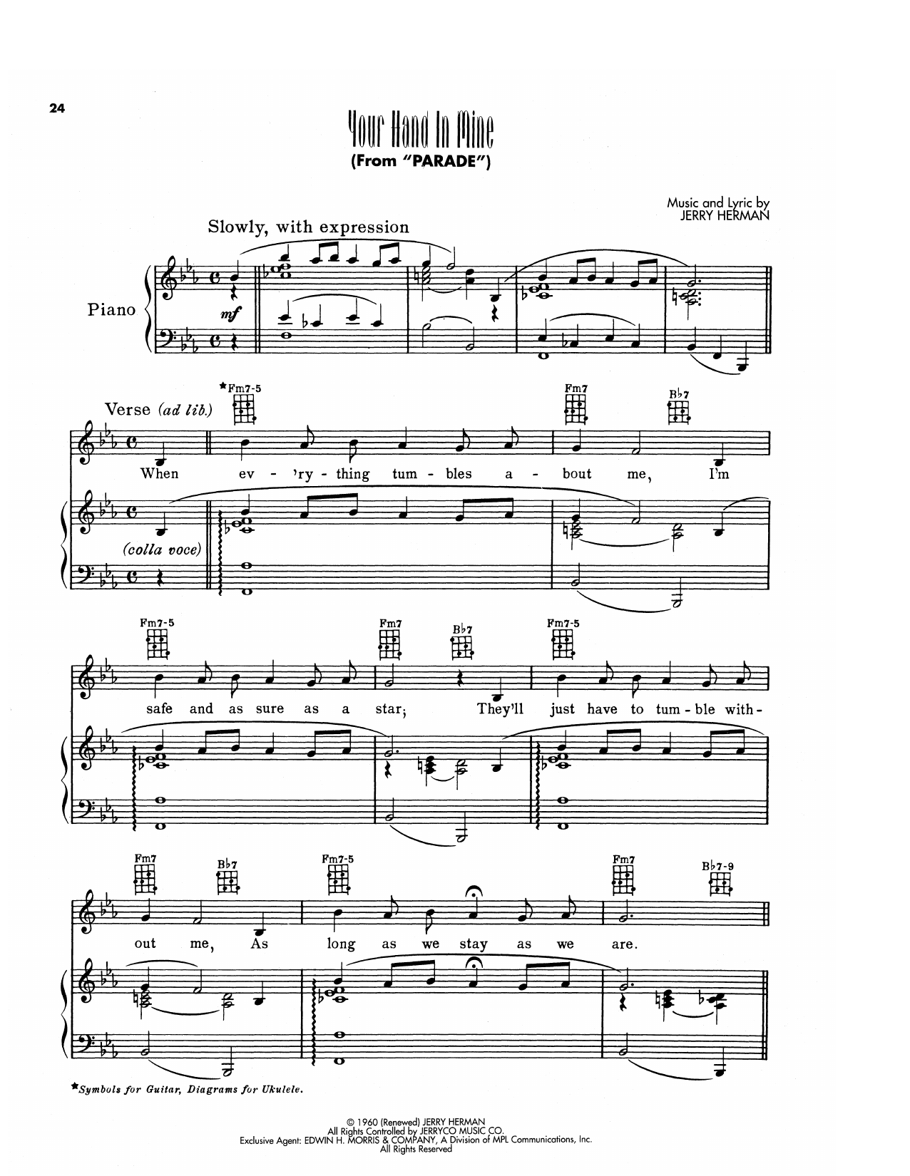 Jerry Herman Your Hand In Mine (from Parade) sheet music notes and chords arranged for Piano, Vocal & Guitar Chords (Right-Hand Melody)