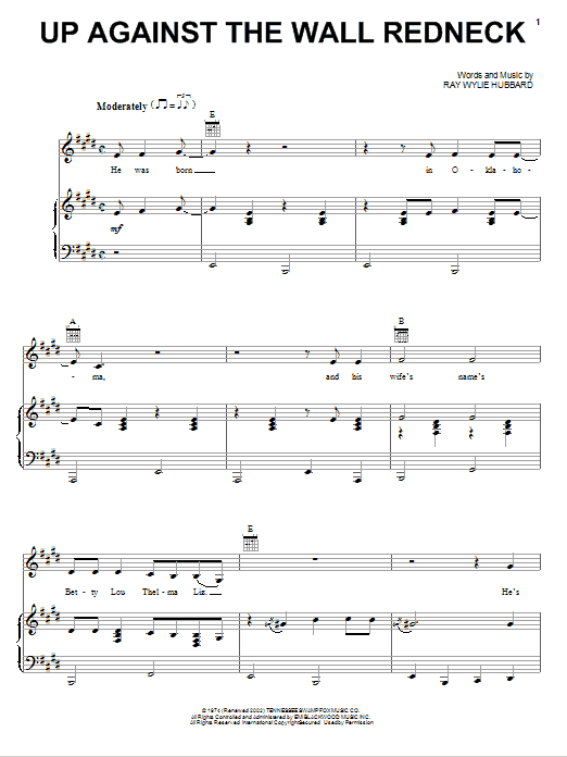 Jerry Jeff Walker Up Against The Wall Redneck sheet music notes and chords arranged for Piano, Vocal & Guitar Chords (Right-Hand Melody)