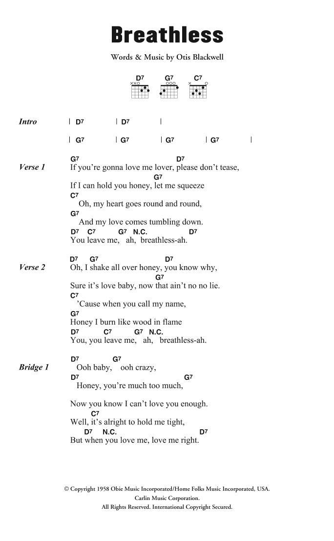 Jerry Lee Lewis Breathless sheet music notes and chords arranged for Piano, Vocal & Guitar Chords (Right-Hand Melody)
