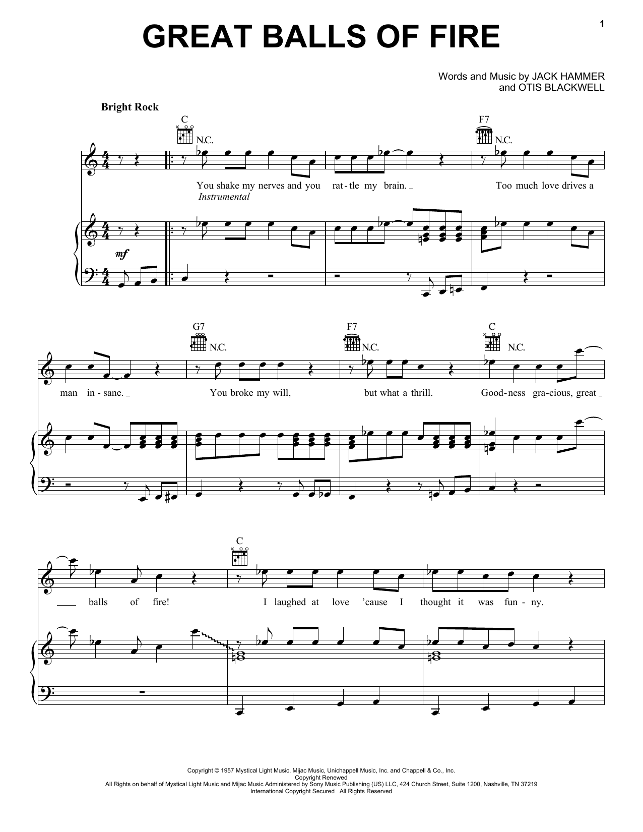 Jerry Lee Lewis Great Balls Of Fire (from Top Gun: Maverick) sheet music notes and chords arranged for Piano, Vocal & Guitar Chords (Right-Hand Melody)