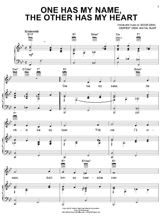 Jerry Lee Lewis One Has My Name, The Other Has My Heart sheet music notes and chords arranged for Piano, Vocal & Guitar Chords (Right-Hand Melody)