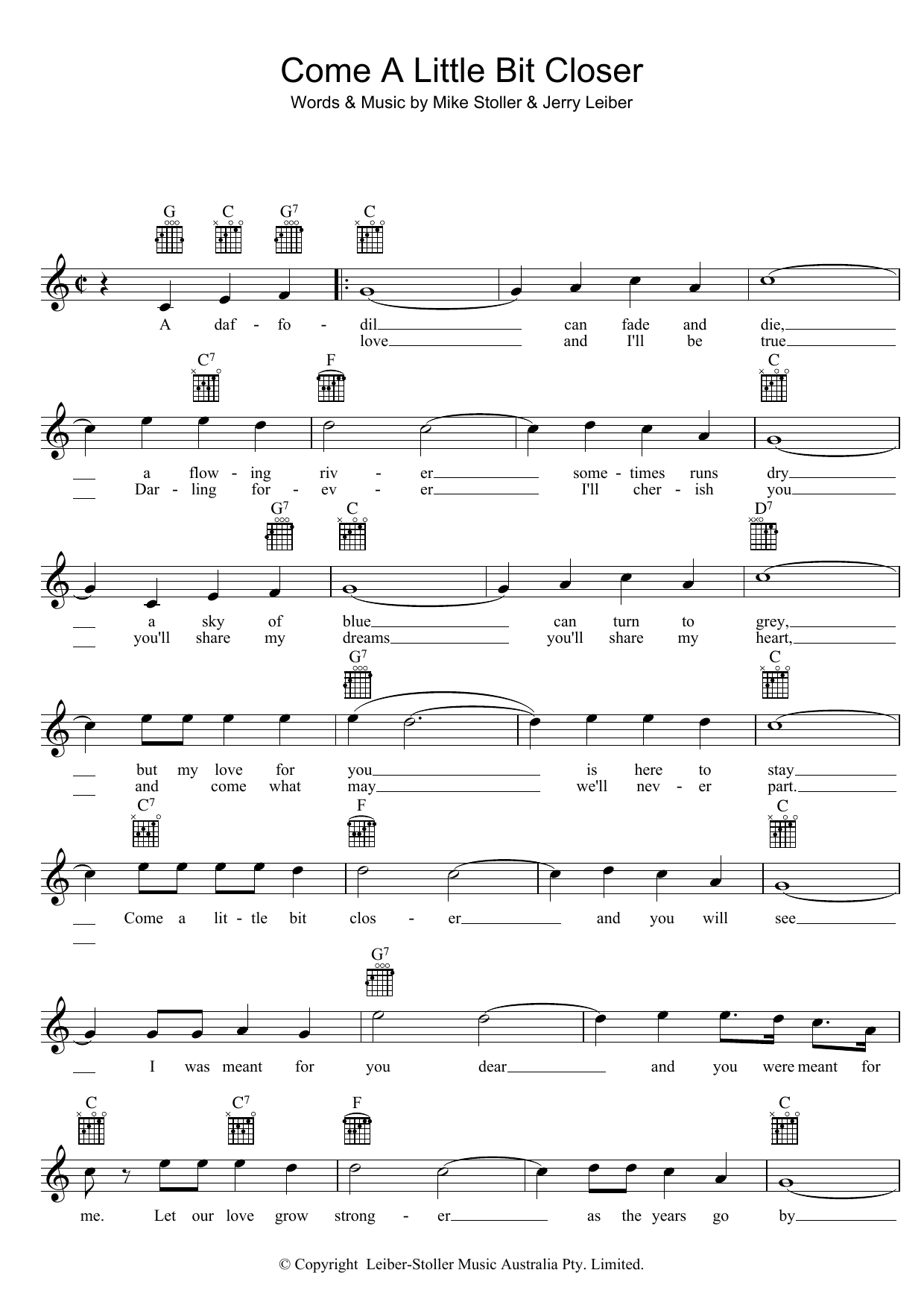 Jerry Leiber & Mike Stoller Come A Little Bit Closer sheet music notes and chords arranged for Lead Sheet / Fake Book