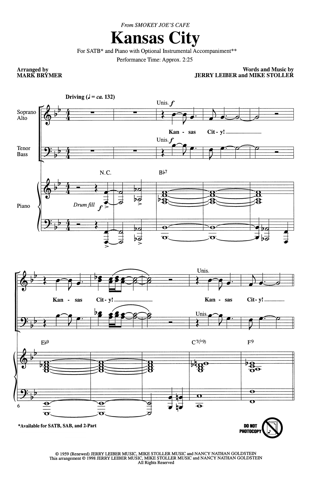 Jerry Leiber and Mike Stoller Kansas City (from Smokey Joe's Cafe) (arr. Mark Brymer) sheet music notes and chords arranged for SAB Choir