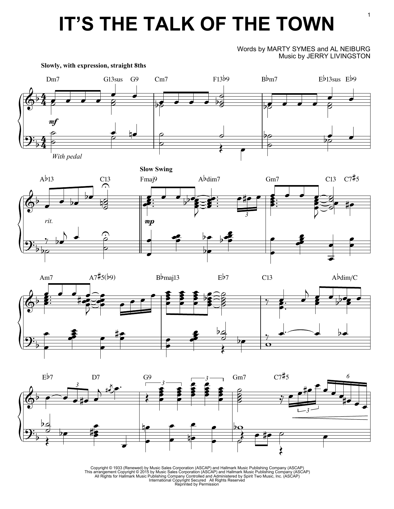 Jerry Livingston It's The Talk Of The Town [Stride version] (arr. Brent Edstrom) sheet music notes and chords arranged for Piano Solo
