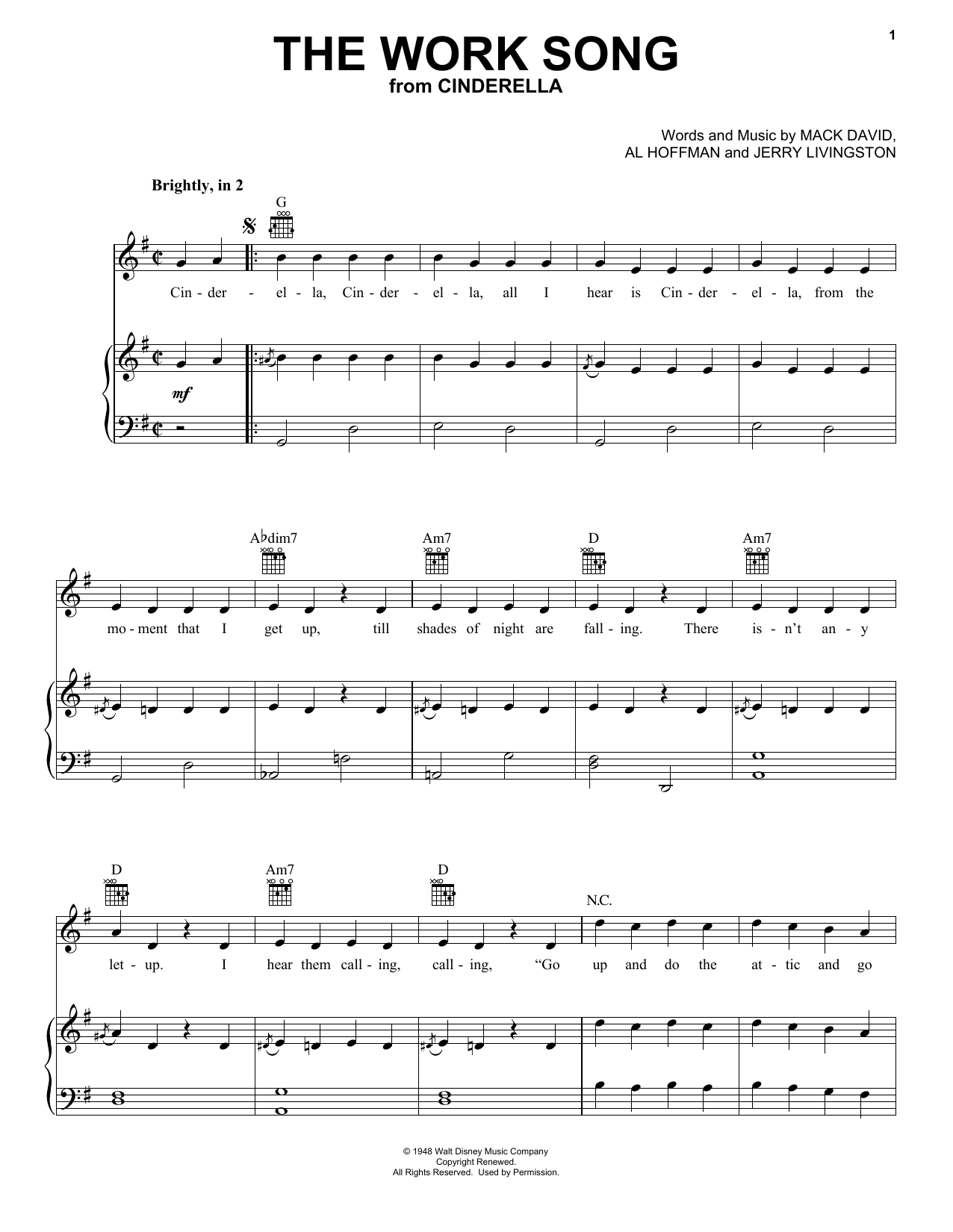 Jerry Livingston The Work Song (from Disney's Cinderella) sheet music notes and chords arranged for Piano, Vocal & Guitar Chords (Right-Hand Melody)