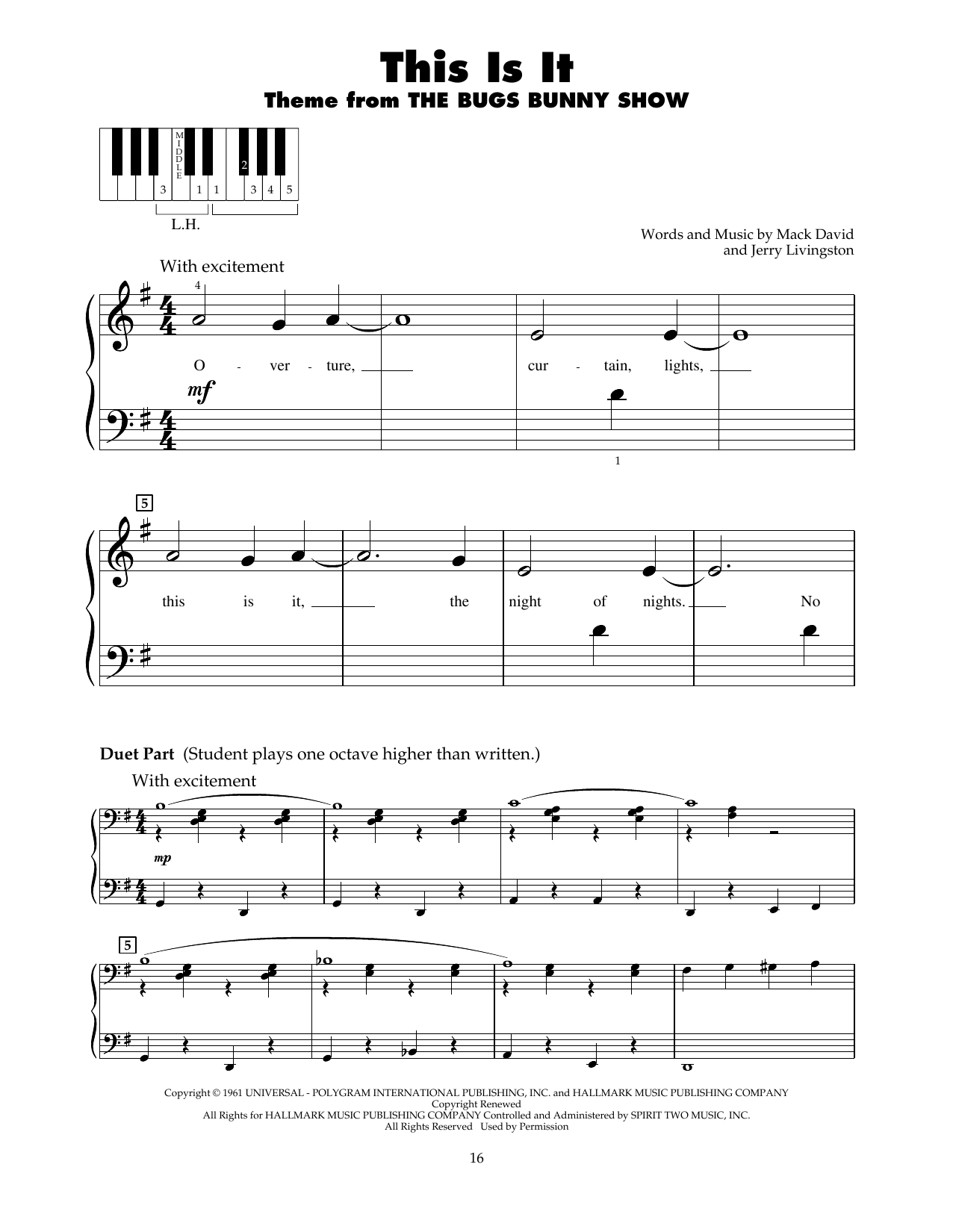 Jerry Livingston This Is It! sheet music notes and chords arranged for 5-Finger Piano