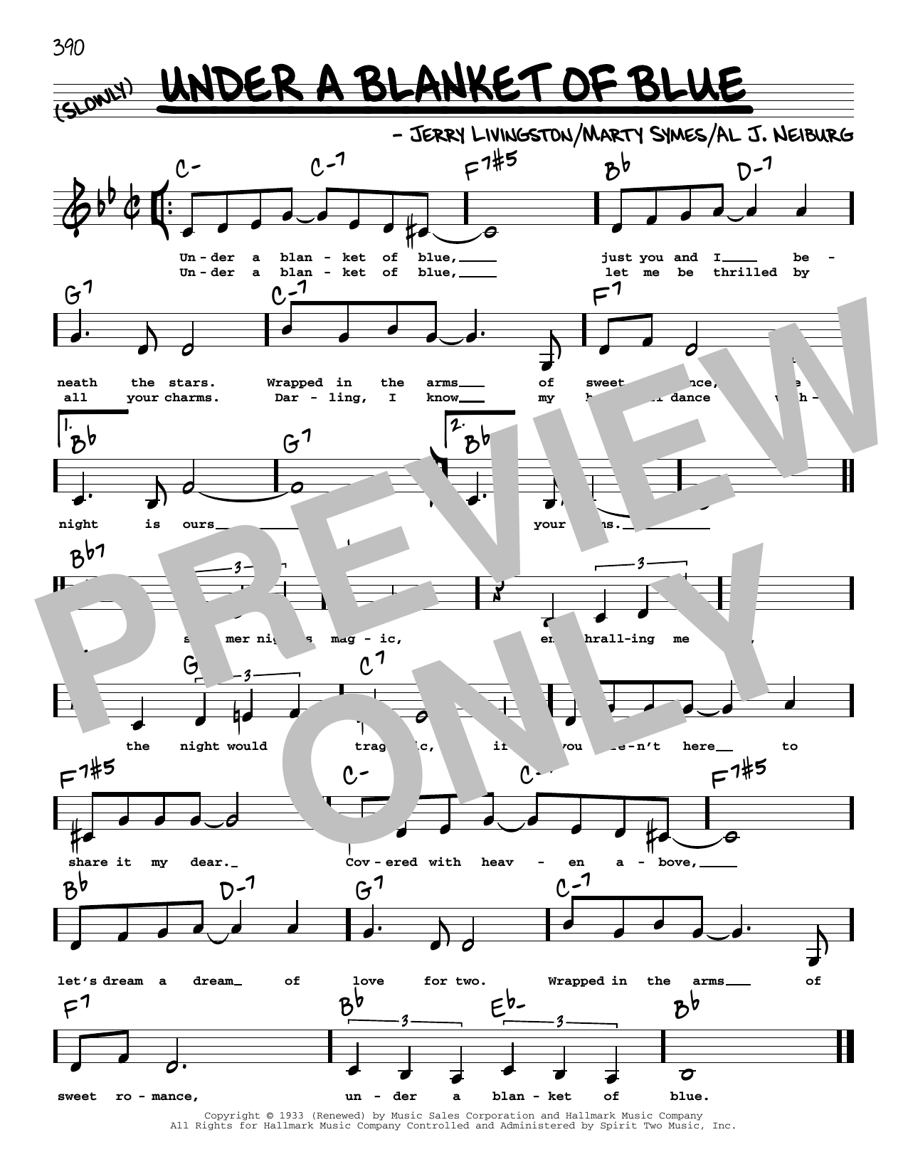 Jerry Livingston Under A Blanket Of Blue (Low Voice) sheet music notes and chords arranged for Real Book – Melody, Lyrics & Chords