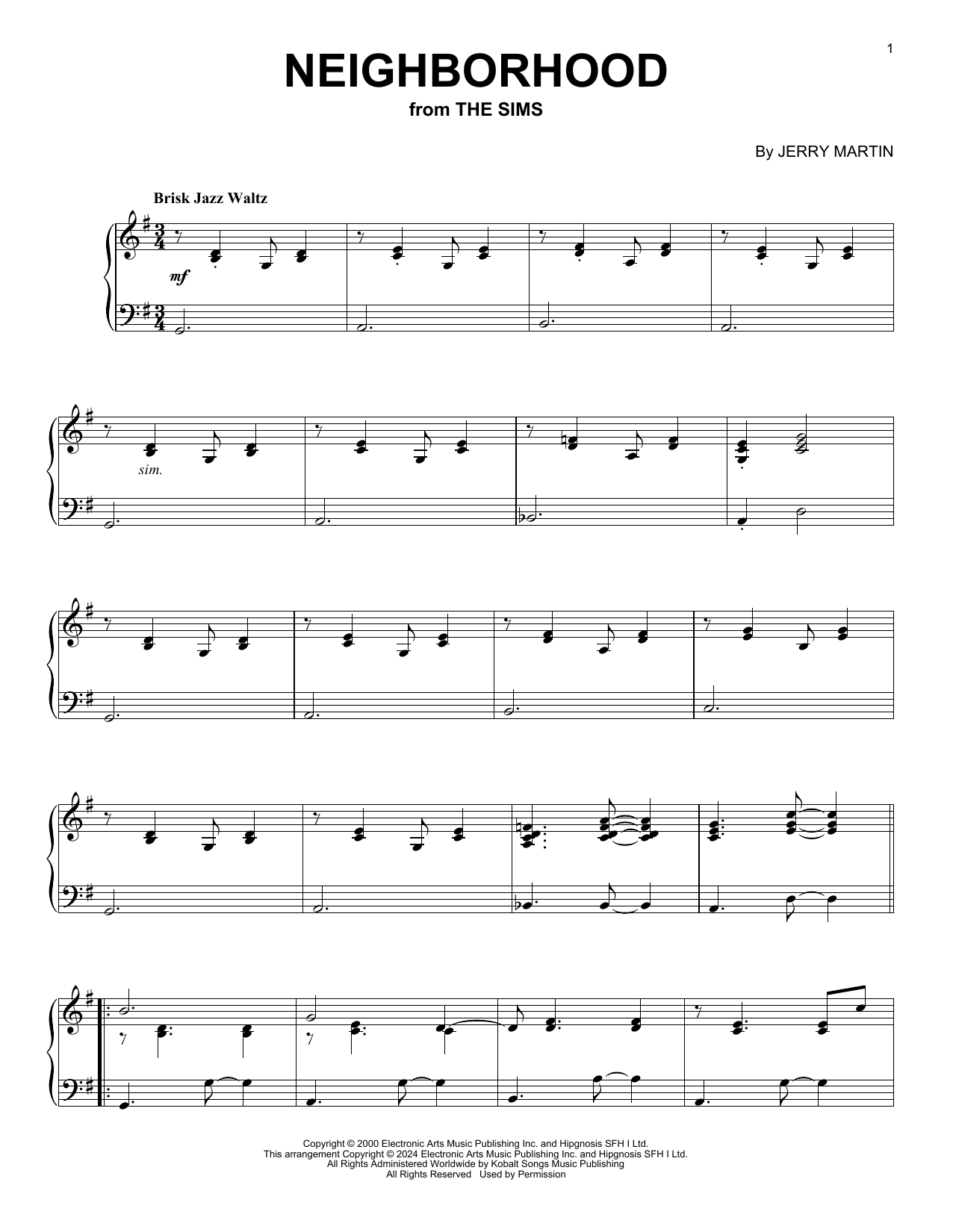 Jerry Martin Neighborhood (from The Sims) sheet music notes and chords arranged for Piano Solo