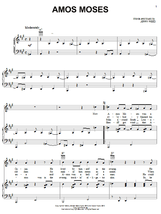 Jerry Reed Amos Moses sheet music notes and chords arranged for Piano, Vocal & Guitar Chords (Right-Hand Melody)