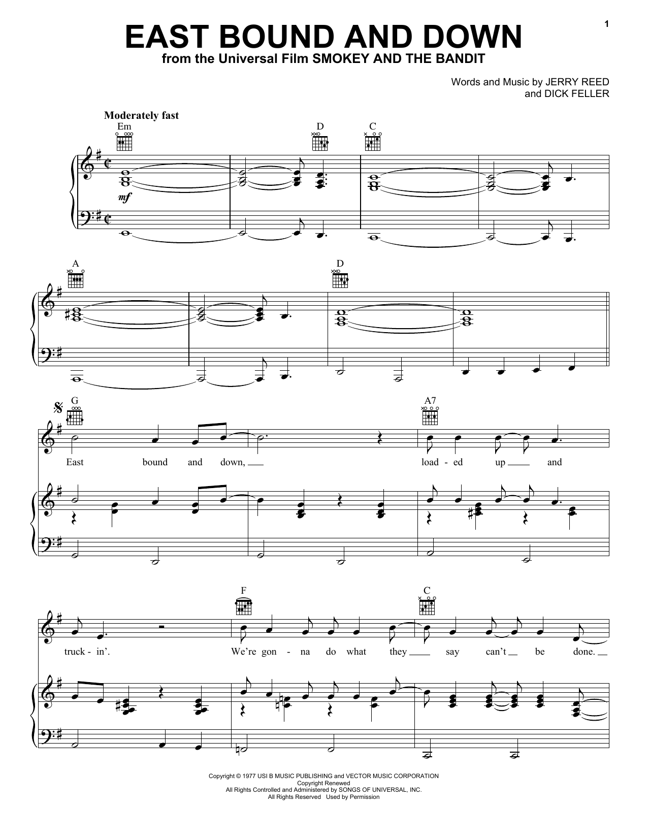 Jerry Reed East Bound And Down sheet music notes and chords arranged for Real Book – Melody, Lyrics & Chords