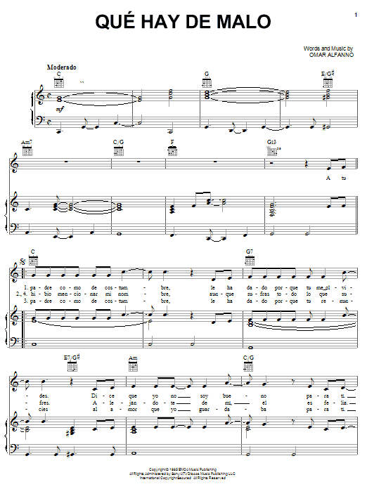 Jerry Rivera Que Hay De Malo sheet music notes and chords arranged for Piano, Vocal & Guitar Chords (Right-Hand Melody)