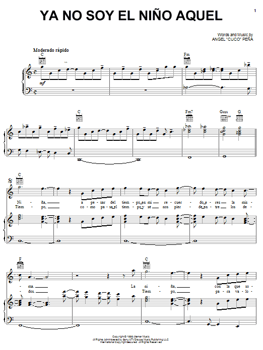 Jerry Rivera Ya No Soy El Nino Aquel sheet music notes and chords arranged for Piano, Vocal & Guitar Chords (Right-Hand Melody)