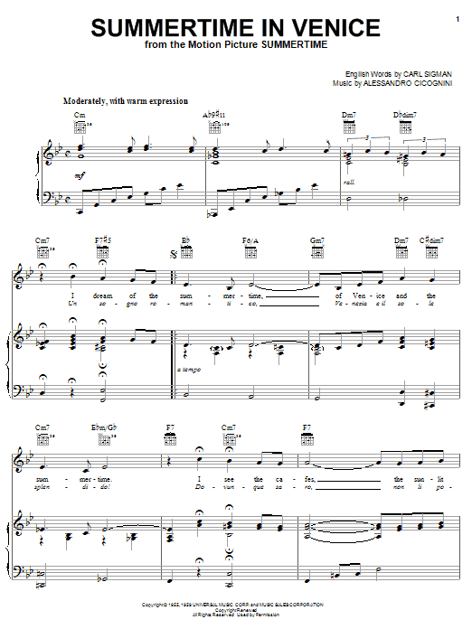 Jerry Vale Summertime In Venice sheet music notes and chords arranged for Piano, Vocal & Guitar Chords (Right-Hand Melody)