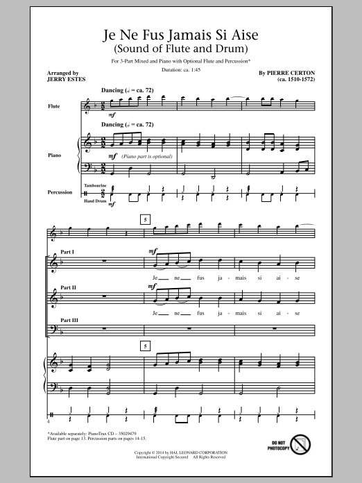 Jerry Estes Je Ne Fus Jamais Si Aise sheet music notes and chords arranged for 3-Part Mixed Choir