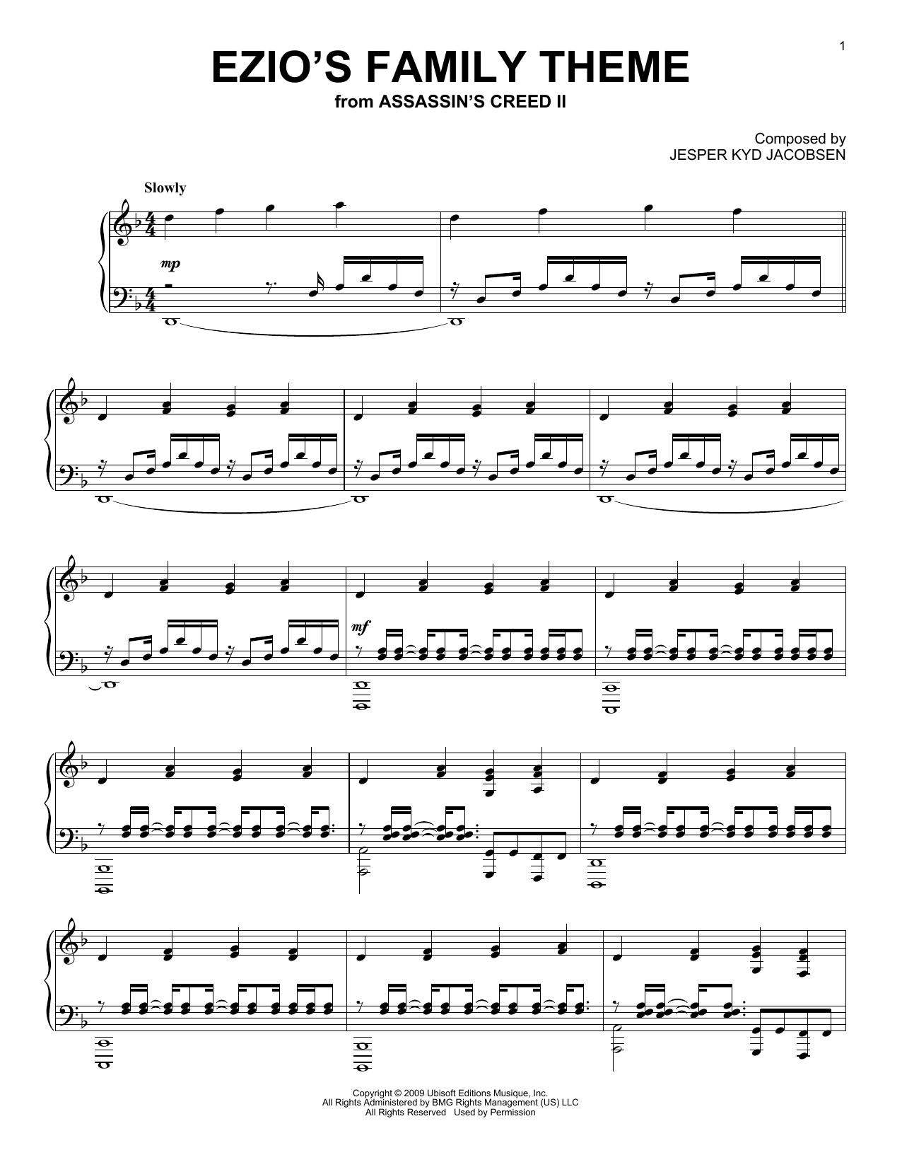 Jesper Kyd Jacobsen Ezio's Family (from Assassin's Creed II) sheet music notes and chords arranged for Piano Solo